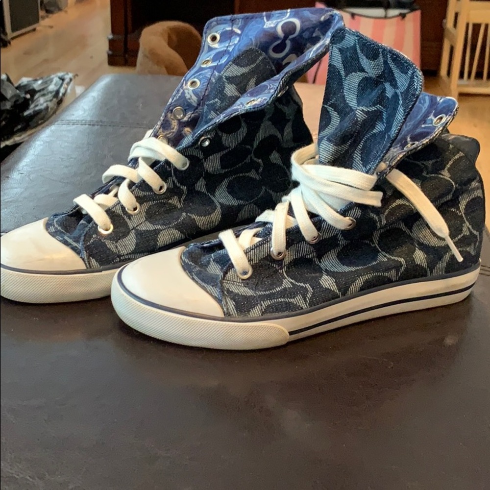 Coach Denim Logo High-Top Sneakers in Blue and White